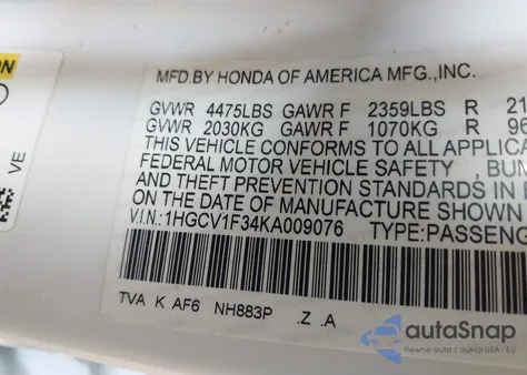 2019 Honda Accord Sport z USA, uszkodzony, nr VIN 1HGCV1F34KA009076